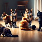 Seven Stylized Cats with Striking Patterns and Expressions in Well-Lit Room