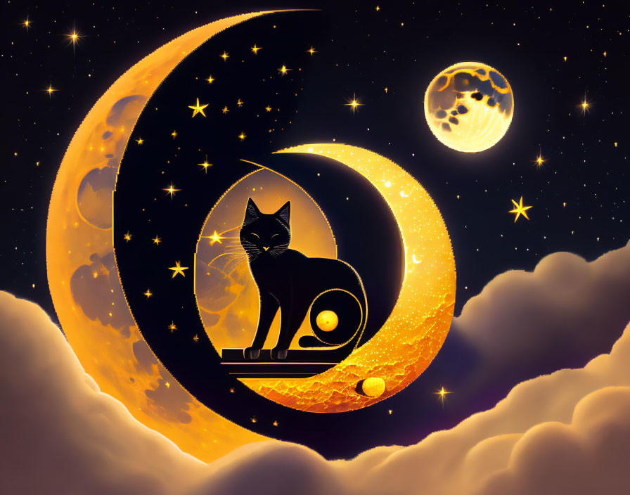 Black Cat in Crescent Moon on Starry Night Sky