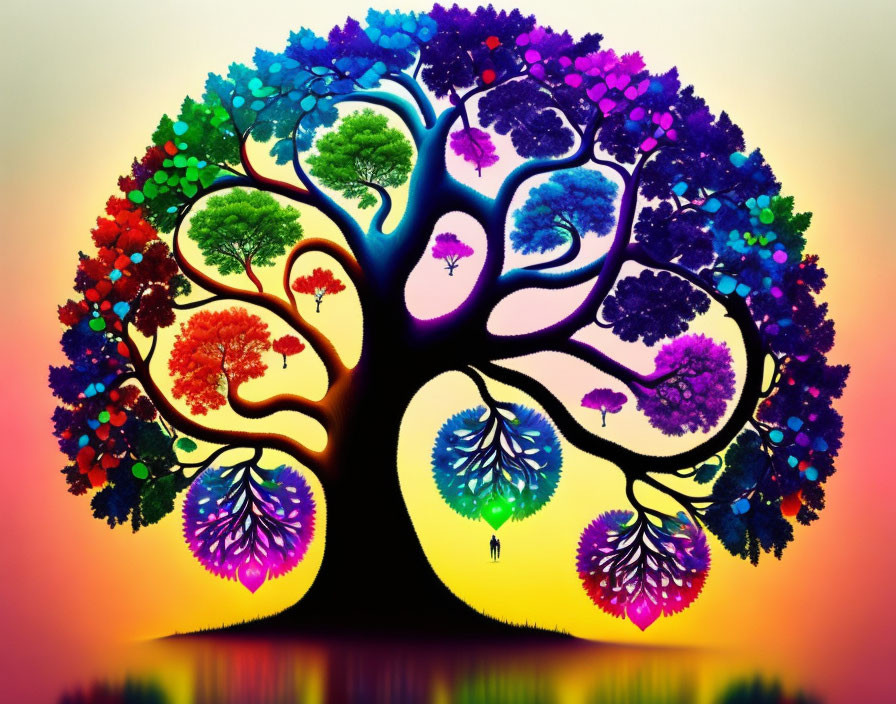 Colorful Tree Depicting Seasons Against Gradient Background