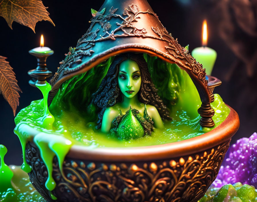 Mystical green-themed image with woman emerging from cauldron