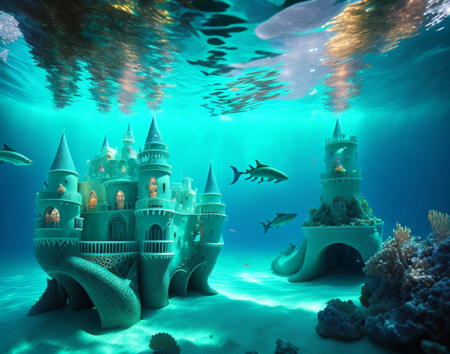 Intricate Underwater Castle Surrounded by Coral and Fish