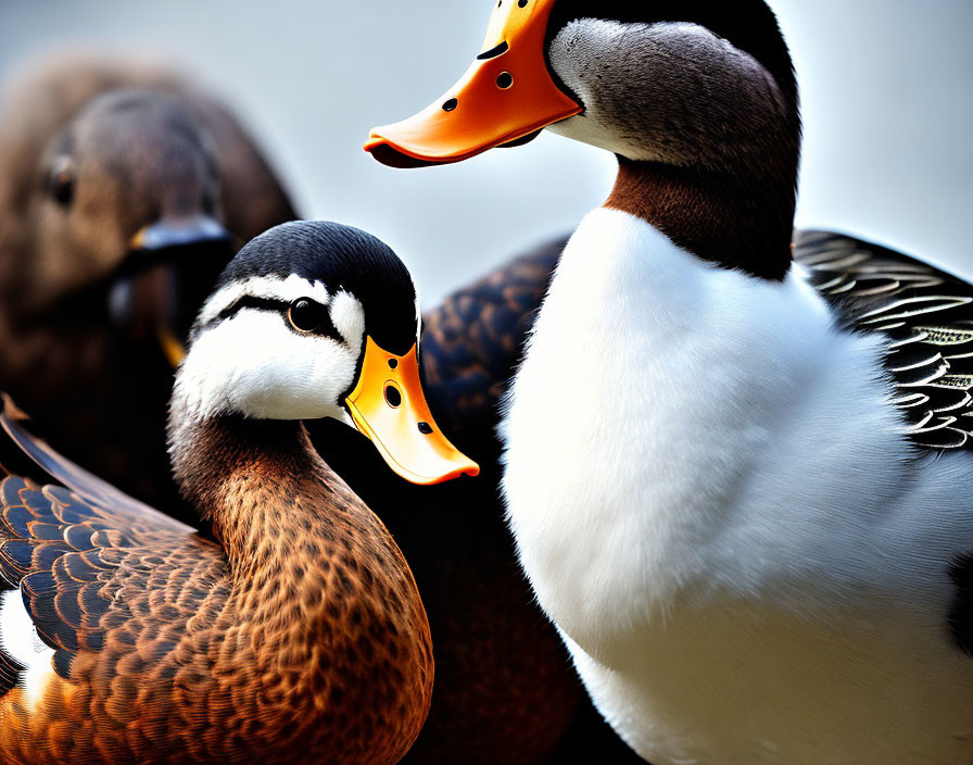 Distinctive White, Brown, and Black Plumage Duck with Bright Orange Bill Close-Up