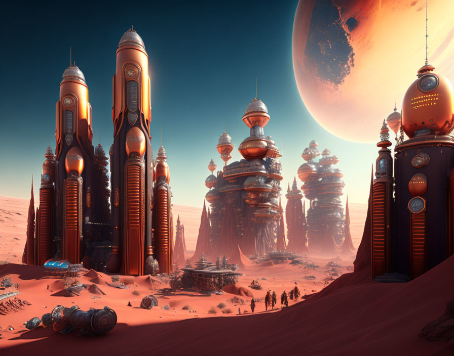 Futuristic alien cityscape with towering buildings and advanced technology in desert environment