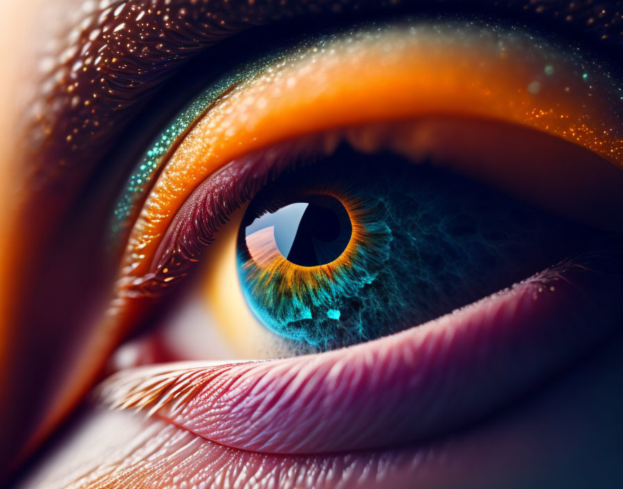 Vivid blue and orange close-up human eye with cosmic colors.