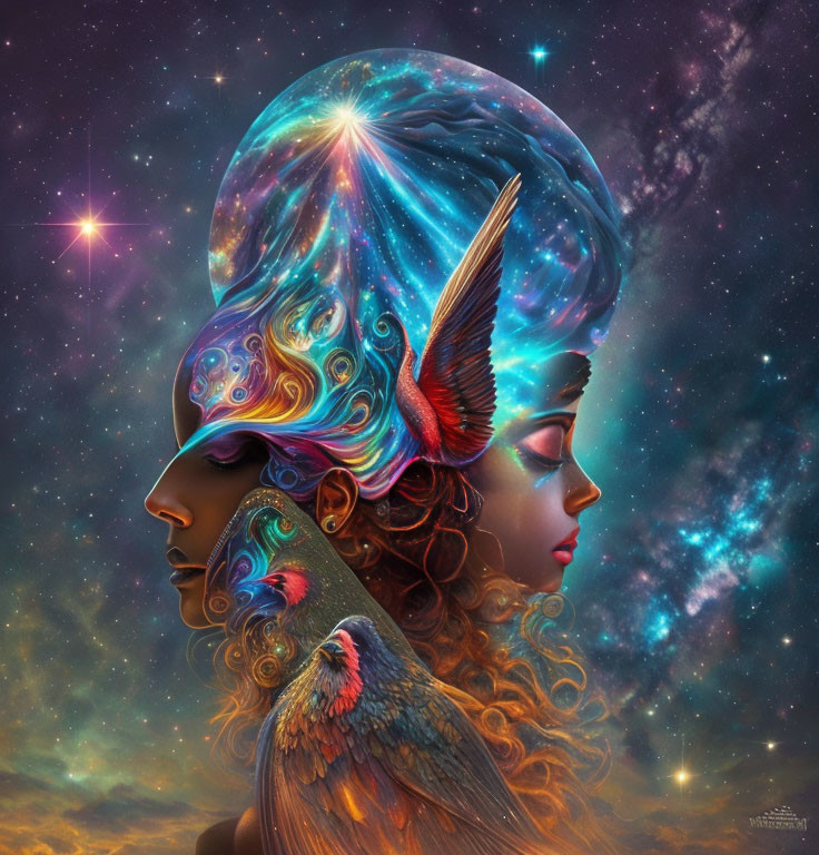 Digital artwork: Two faces in profile on cosmic background with nature and space elements intertwined.