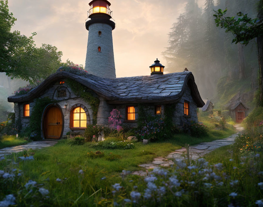 Stone cottage with attached lighthouse in lush forest setting at twilight