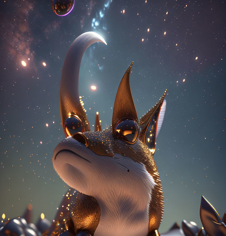 Whimsical 3D-rendered creature under starry sky