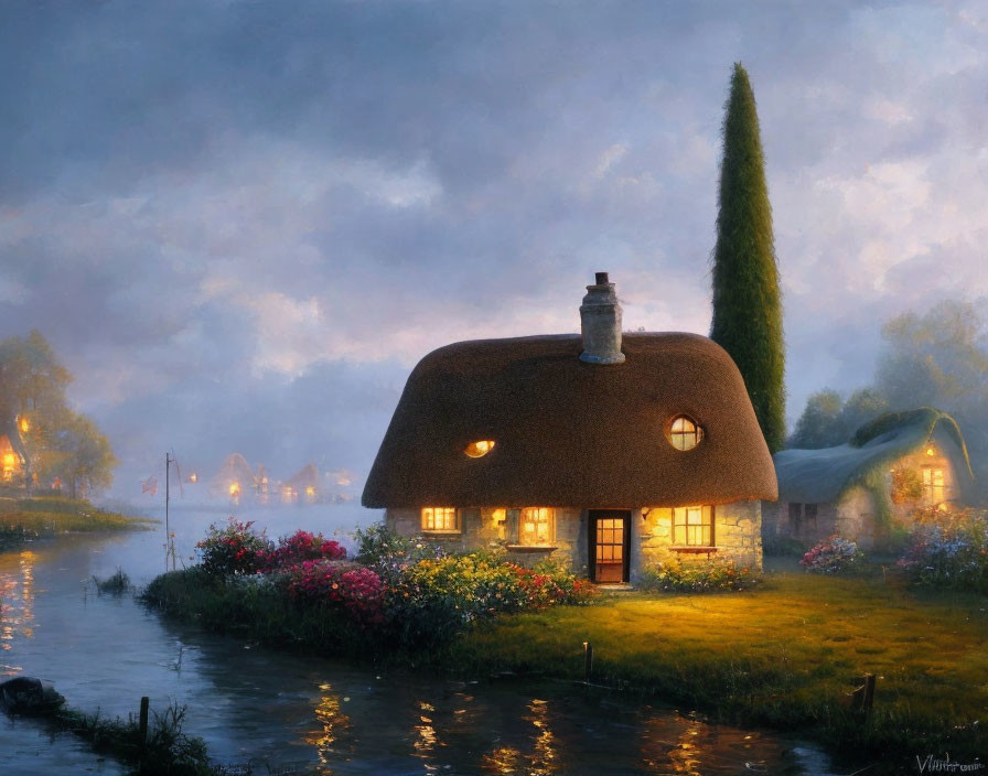 Cozy thatched cottage by river at dusk surrounded by lush greenery