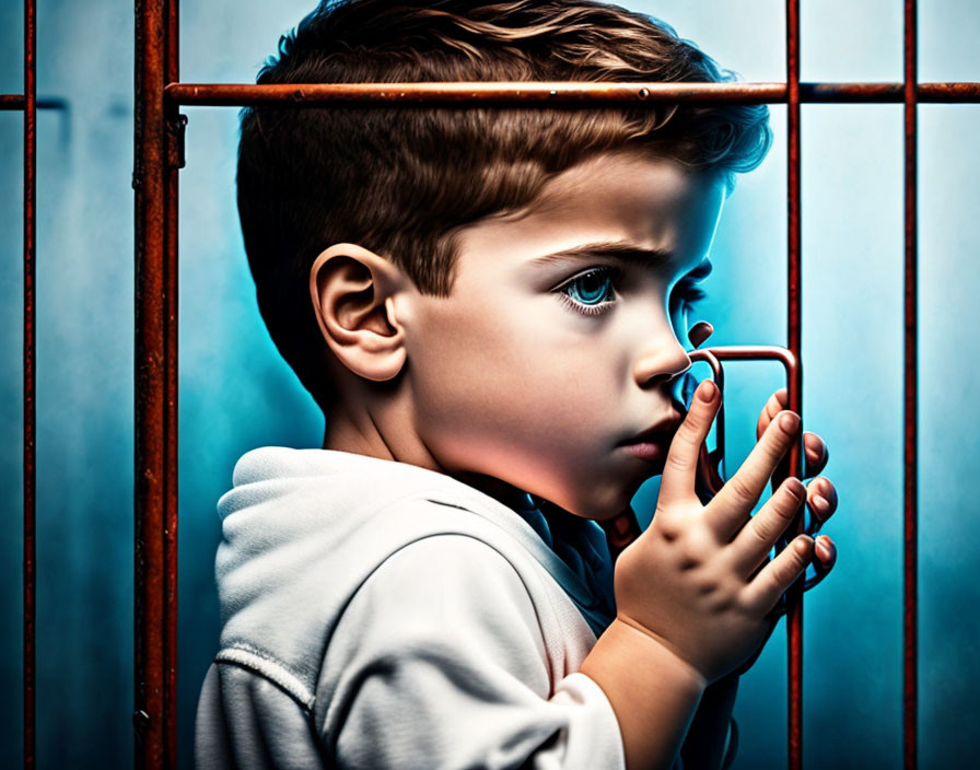 Young boy gazes through metal fence, face half-lit.