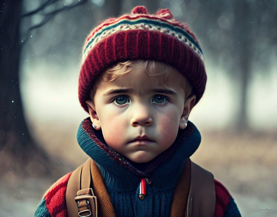 Toddler with Blue Eyes in Knitted Hat and Coat in Winter Scene