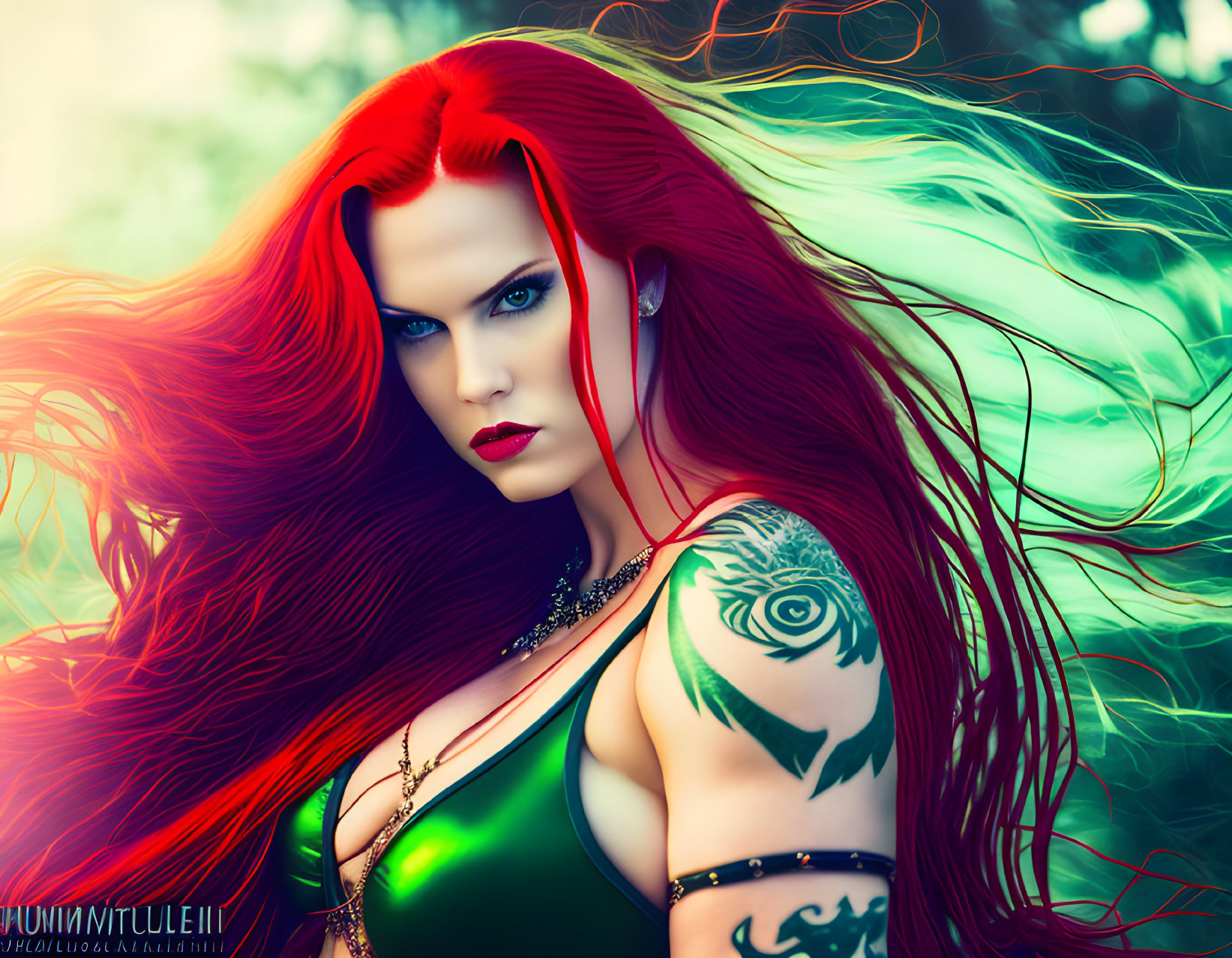Red-haired woman with tattoos in green dress against mystical forest background