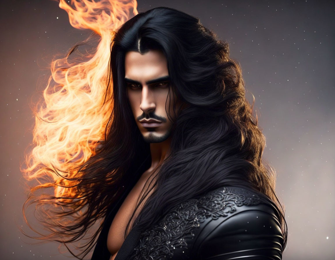 Man with long black hair and flaming sword in animated image