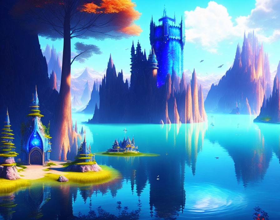 Vibrant fantasy landscape with luminous trees and majestic castles on cliff spires