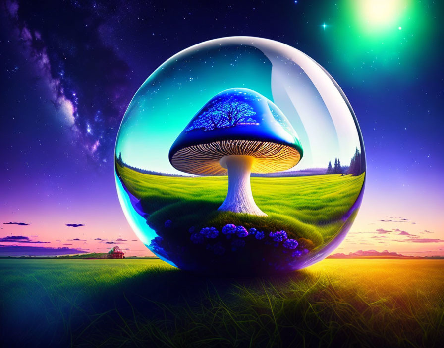 Colorful digital artwork: Luminous mushroom in transparent sphere with starry sky.