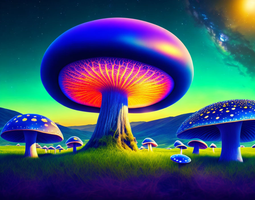 Vibrant digital art: Oversized luminescent mushrooms in fantastical landscape