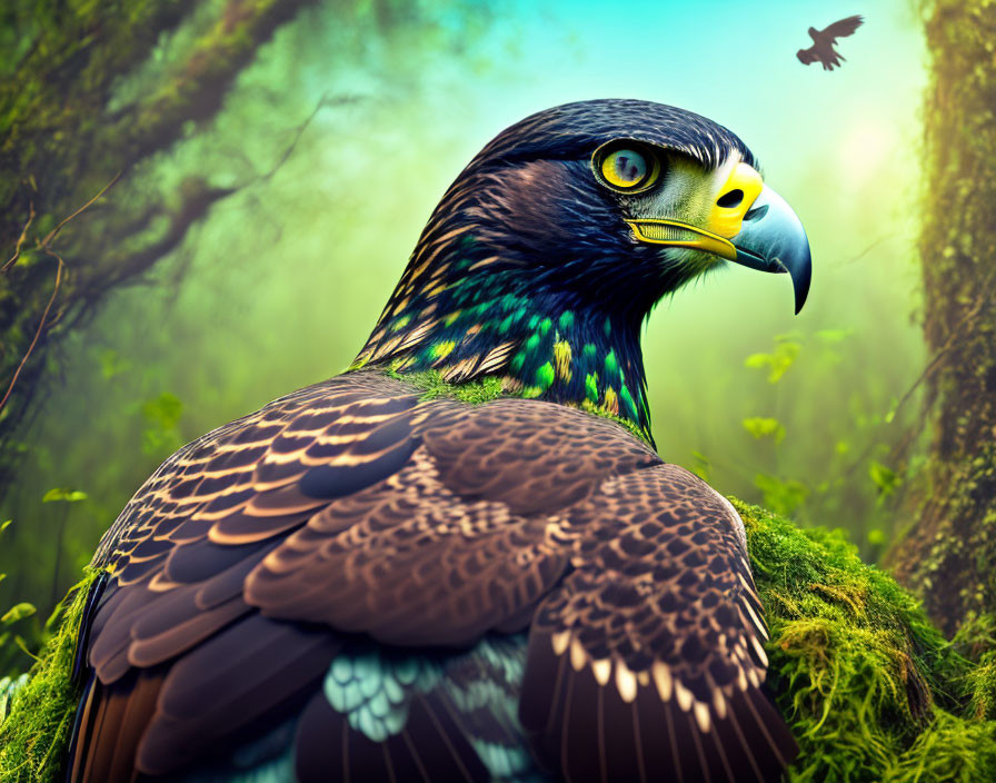 Majestic eagle on mossy ground with flying insect in misty forest.