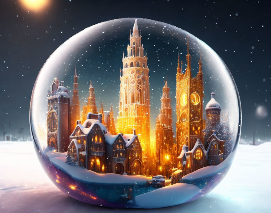 Snow Globe Featuring Luminous Castle in Wintry Night Scene