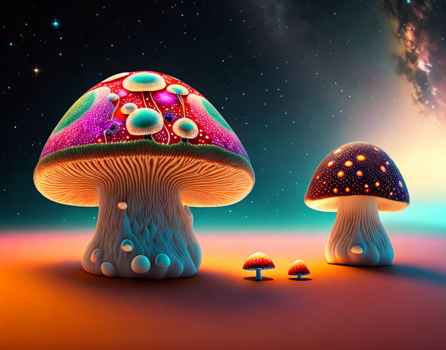 Vibrant stylized mushrooms on orange surface with cosmic starry background