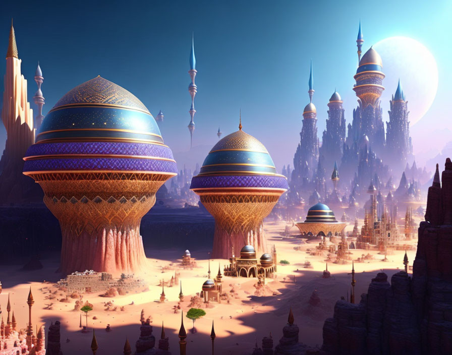 Fantastical desert cityscape with ornate towers under a large moon