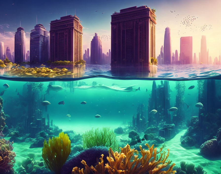 Surreal split-view artwork: Underwater cityscape with marine life and coral-filled ocean under twilight