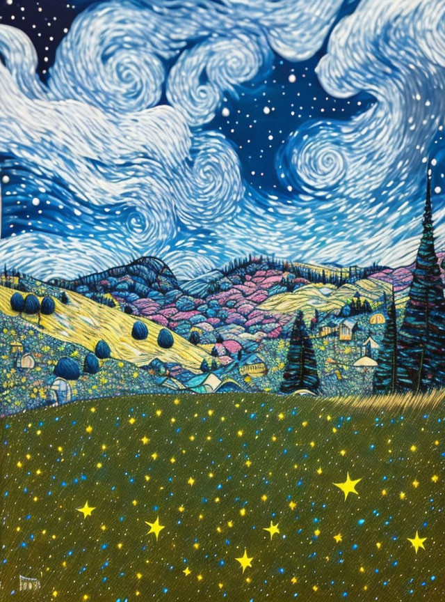 Colorful whimsical illustration of vibrant starry sky and rolling landscape