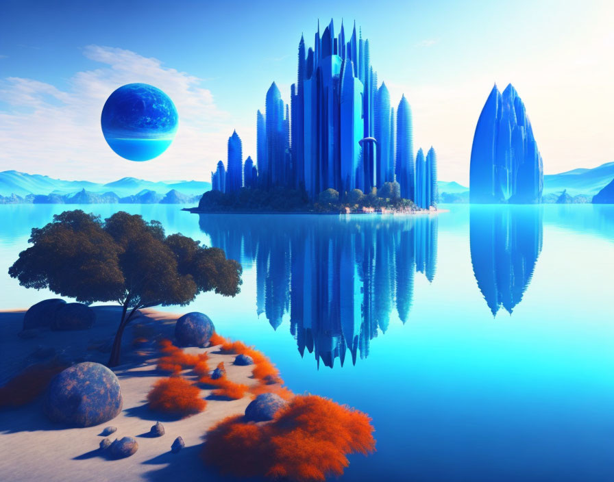 Futuristic cityscape on island with moon and colorful trees