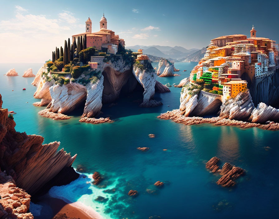 Colorful Coastal Village on Rocky Cliffs Overlooking Turquoise Sea