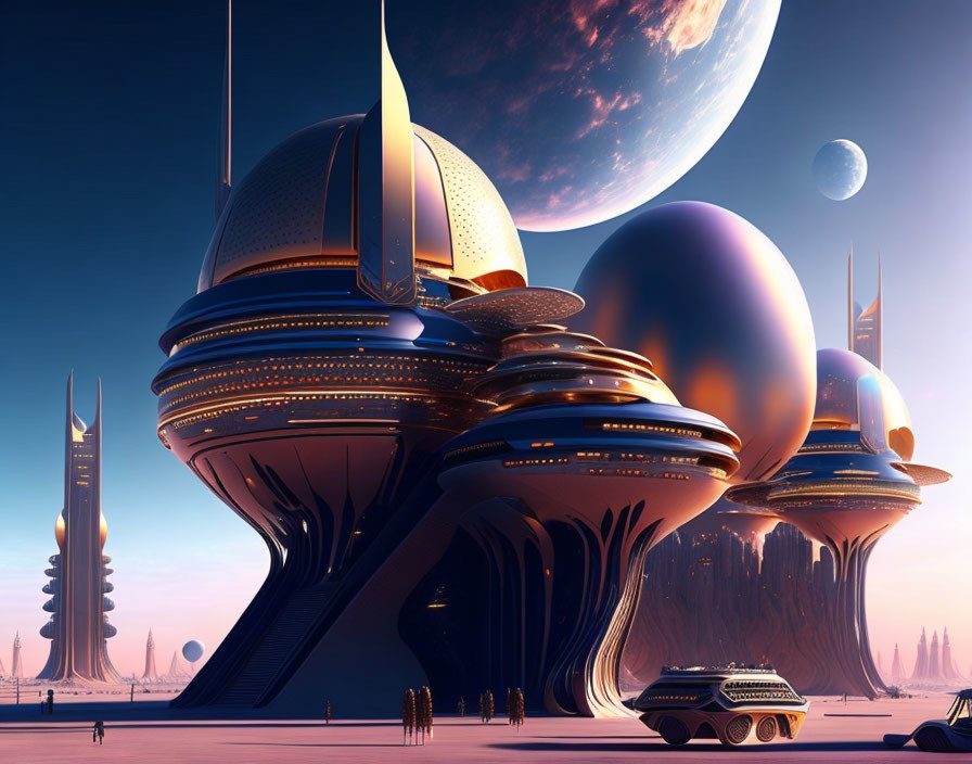 Futuristic cityscape with dome-like structures under alien planet and moon in pink and purple sky