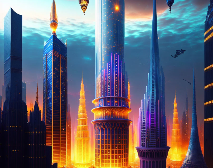 Futuristic cityscape with illuminated skyscrapers and flying vehicles at dusk