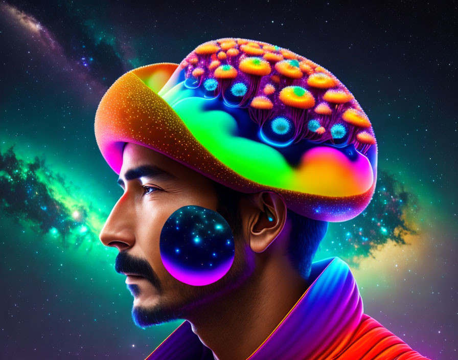 Colorful cosmic-themed digital artwork of man with vibrant brain and ear against starry space background.