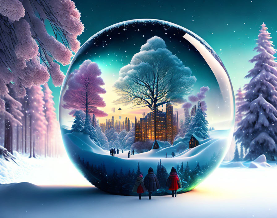 Vibrant cityscape inside giant snow globe in wintry forest