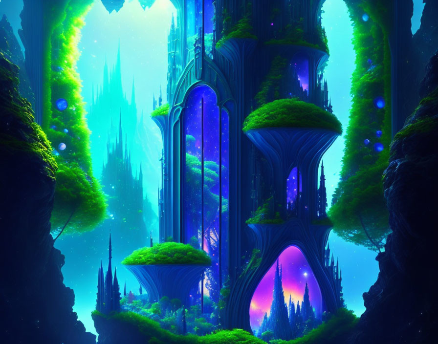 Enchanted Neon-lit Forest with Luminescent Blue Castle