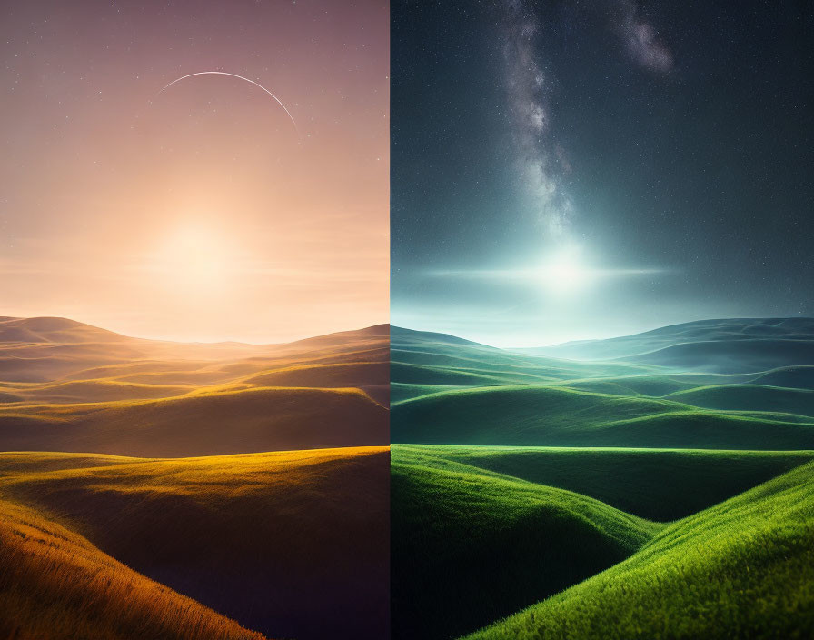 Split image: Rolling hills at sunset vs. night sky with stars