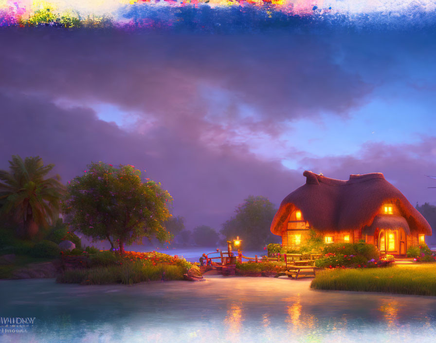 Thatched cottage by serene lake at dusk with glowing windows and illuminated gazebo.