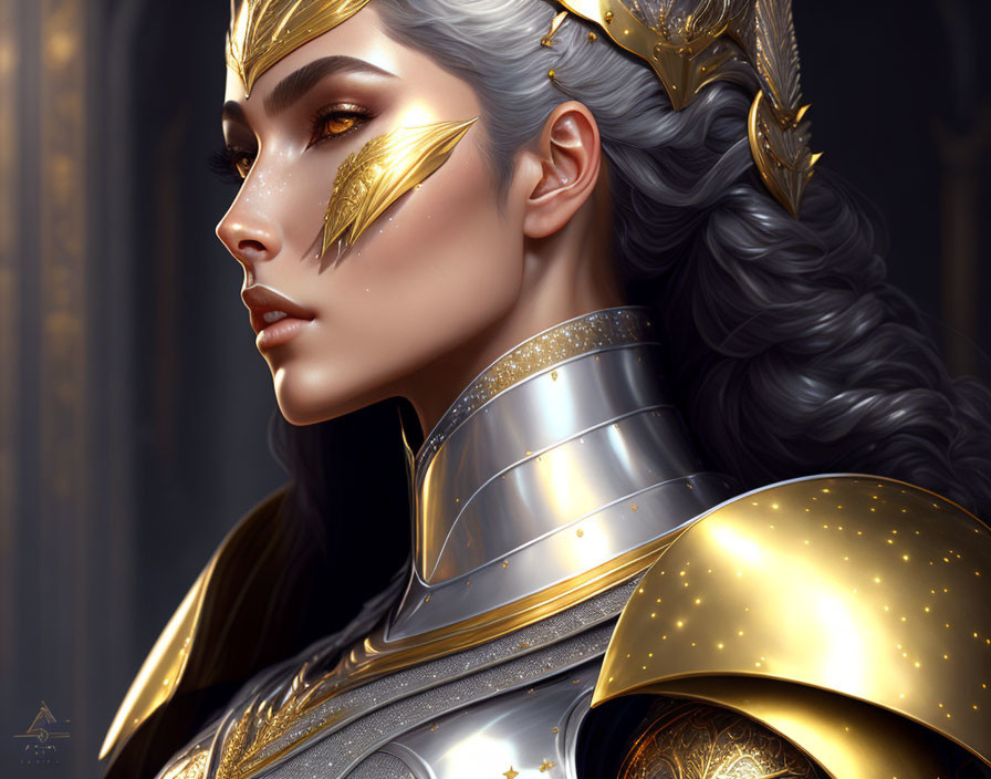 Illustration of woman in golden crown and armor with feather-like facial adornment