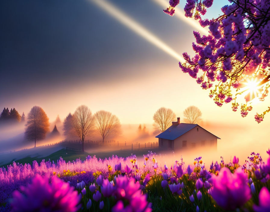 Tranquil Sunrise Landscape with House, Trees, and Purple Flowers