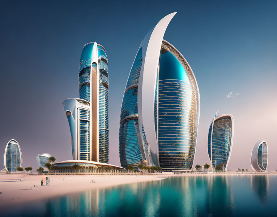 Futuristic cityscape with sleek skyscrapers and crescent-shaped building near waterfront