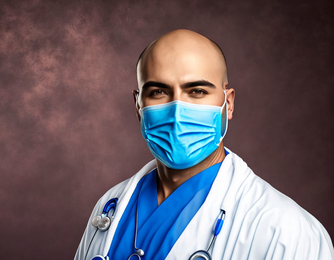 Bald Healthcare Professional in Blue Surgical Mask and Lab Coat