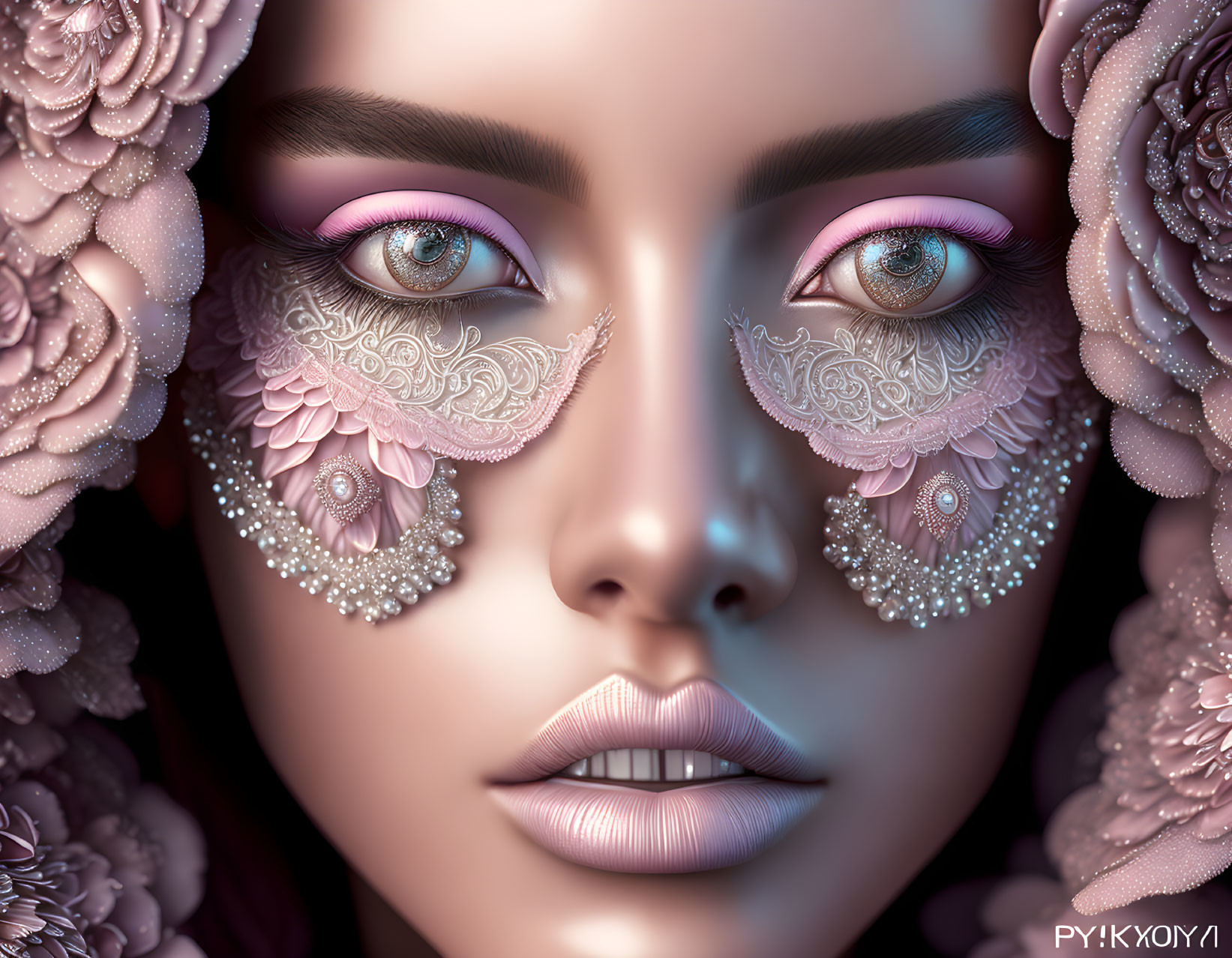 Detailed lace-detail makeup on woman's face with pink floral accents