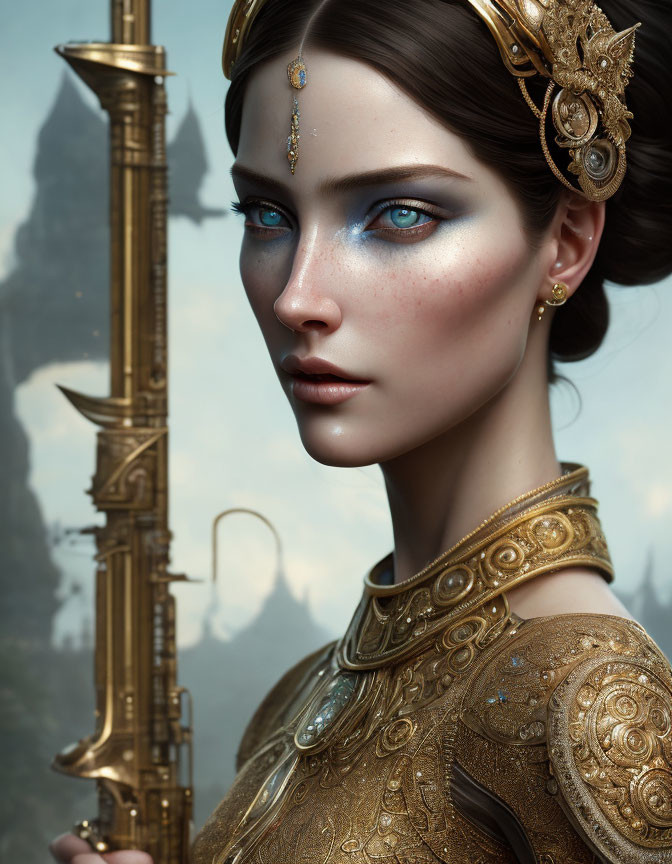 Digital artwork: Woman in golden armor with blue makeup in urban setting