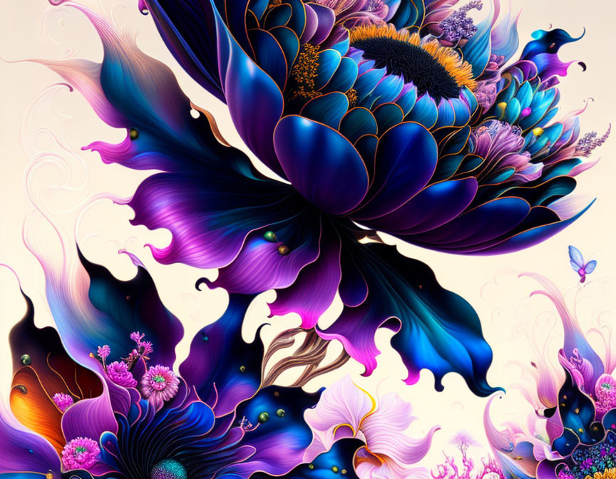 Colorful digital artwork: stylized blue flower, intricate petals, butterflies on pink and white gradient.