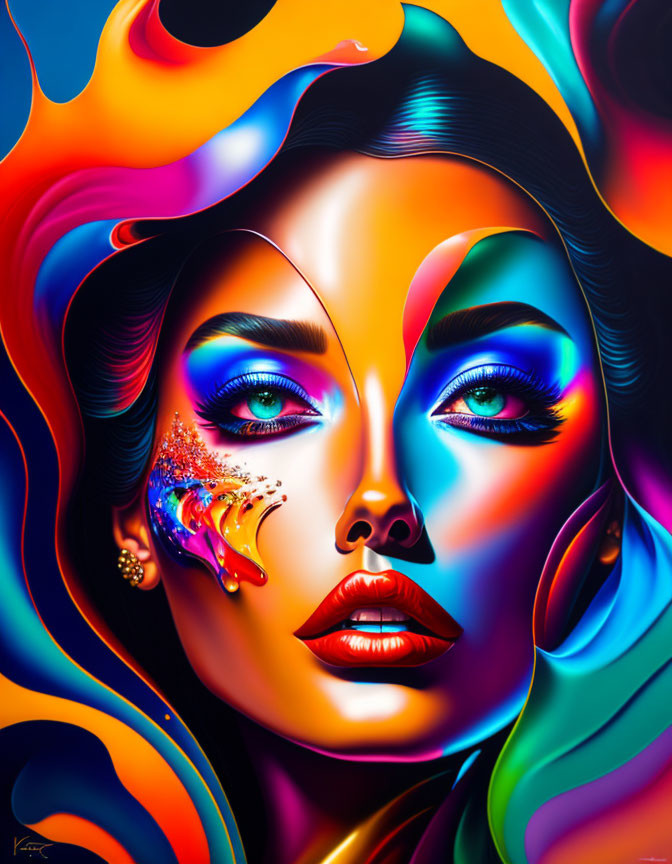 Colorful portrait of a woman with dramatic makeup and flowing forms.