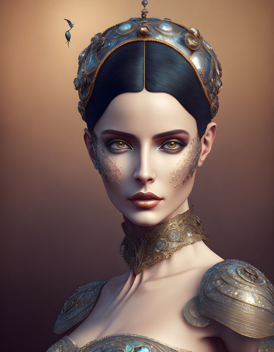 Decorative Crown and Ornate Armor on Elegant Woman