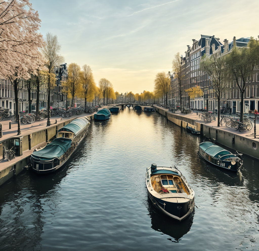 Historic buildings and trees line serene Amsterdam canal at sunset