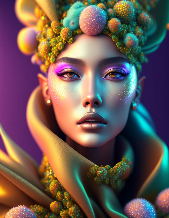 Digital portrait featuring person in purple and gold headdress and makeup