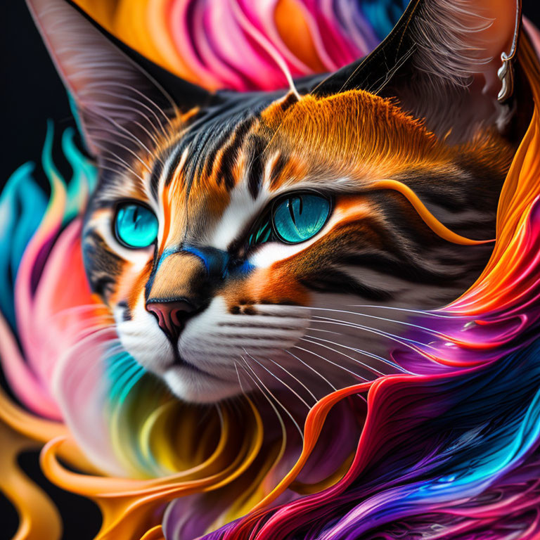 Colorful Digital Artwork: Cat with Blue Eyes & Vibrant Patterns