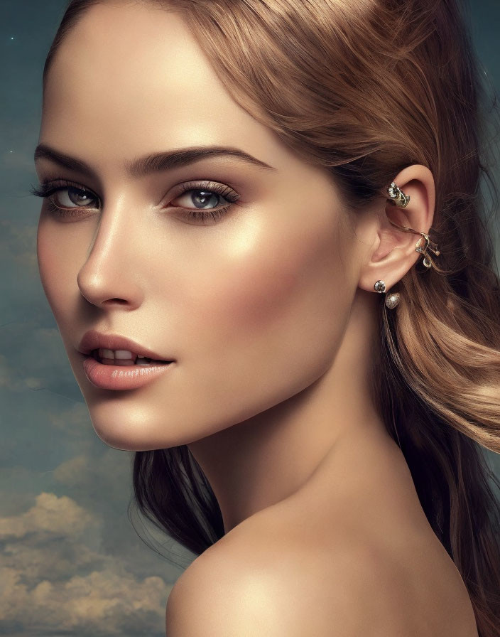 Portrait of woman with clear skin, green eyes, light makeup, updo hair, against cloudy sky