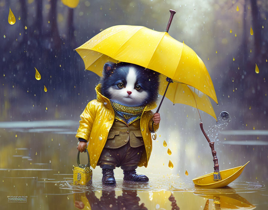 Illustrated raccoon in yellow raincoat with umbrella and bucket near paper boat with bird in raindrops