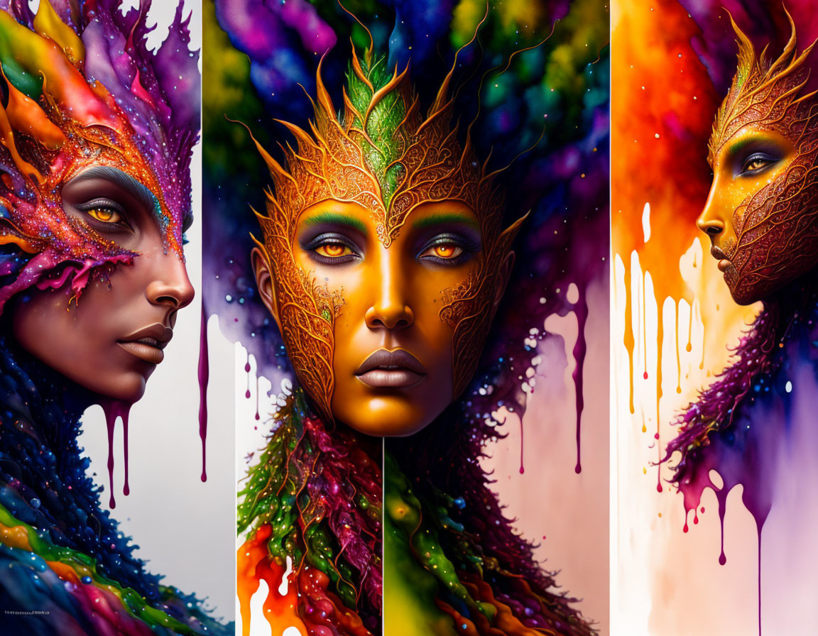 Surreal triptych: vibrant leaf-like facial features on colorful, dripping portraits