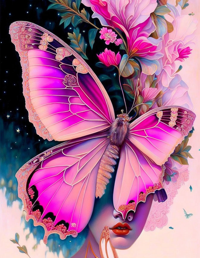 Colorful artwork of woman's face with butterfly eyes and floral elements in pink and purple tones